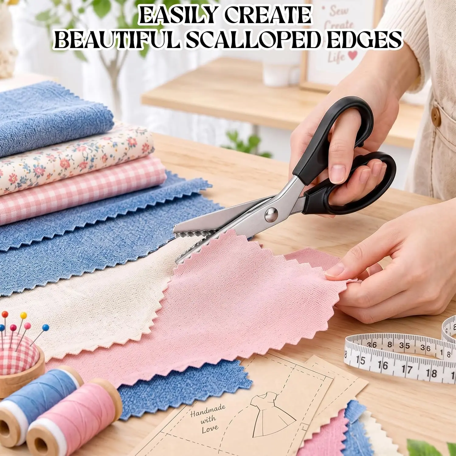 2pcs Scalloped Pinking Shears for Fabric, 7mm Decorative Edge Craft Scissors  Pinking Shears Comfort Grips Crafts Zig Zag Cut Sewing Scissors,Professional Handheld Dressmaking