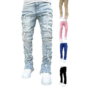 Men's Stretch Stacked Jeans, Light Wash Distressed Denim Pants with Frayed Patchwork, Slim Fit Skinny Jeans for Streetwear
