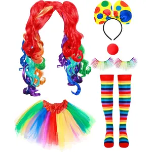 6 count Women Clown Costume Rainbow Wig Tutu Skirt Eyelashes Clown Nose Socks for Girls Halloween Party