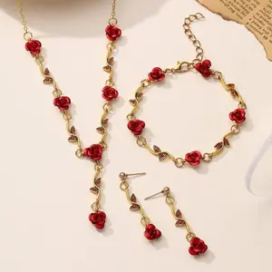 LisiZen Retro French Rose Flower Bracelet & Necklace Set for Women, European Personality Elegant Red Rose Jewelry Set DZXL3903