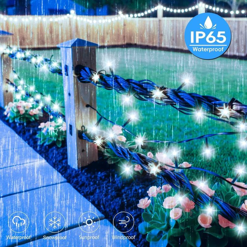 Solar-powered decorative string lights: The warm light version contains 200 LEDs, while the white light version contains 300 LEDs. They support 8 different flashing effects, making them perfect for decorating Christmas scenes, as well as for embellishing