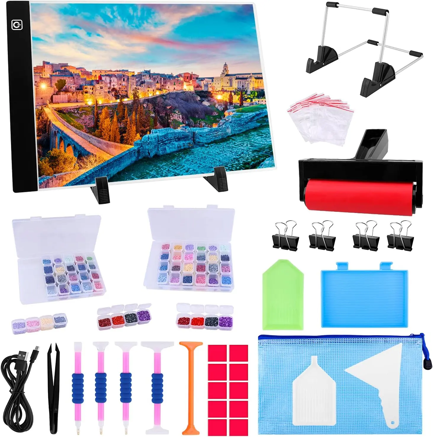 A4 LED Light Pad for Diamond Art, USB Powered Light Board Kit | Adjustable Brightness Tracing Light Box with Diamond Painting Accessories & Tools, Includes Storage Case, Drill Pens & Stand