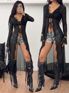 Elegant Ruffled Lace-Up Long Sleeve Outerwear, Western Style Women's Top, Casual Elegant Daily Wear, Y2K Millennial Fashion, All-Season Jacket, Womenswear