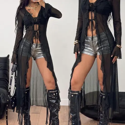 Elegant Ruffled Lace-Up Long Sleeve Outerwear, Western Style Women's Top, Casual Elegant Daily Wear, Y2K Millennial Fashion, All-Season Jacket 1 Piece