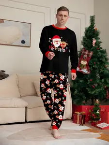 Christmas Day Autumn and Winter Men's New Pajamas 2-piece Set Santa Claus Christmas Elk Fashion Printed Crew Neck Top and Full Flower Pants 2 Loungewear