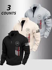 Men's Fall Winter Hoodies Sweatshirt 3-Pack, Casual Fitted Design, Zipper & Letter Patterns, Comfortable Fabric, Perfect Daily Wear