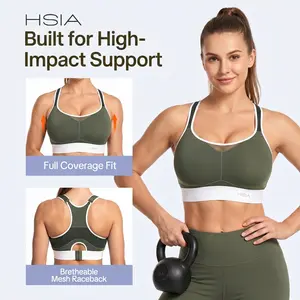 HSIA FlexCore Plus Size High Impact Wireless Fixed Molded Cups Full Coverage High Support Sports Bras for Women Racerback Workout Bra Breathable Advanced Moisture Wicking Fabric Mesh Back Bra Adjustable Padded Straps Gym Running Bra For Big Bust Women