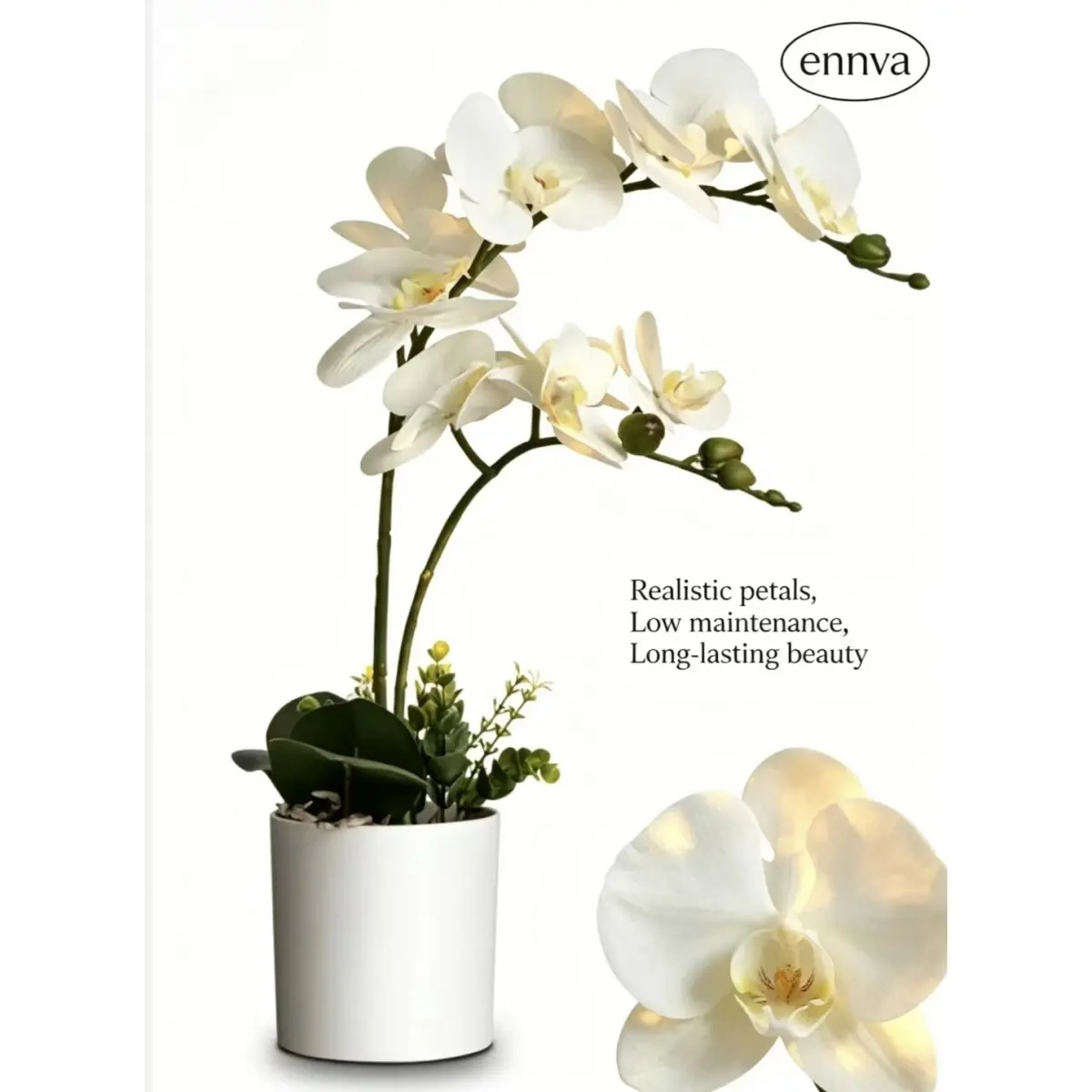 Ennva 17in Artificial White Phalaenopsis Orchid Potted Flower - Cottage Core Home Decor Ornament, Ideal Mother's Day Gift, Suitable for Home Office Decor, Ornaments homeessentials