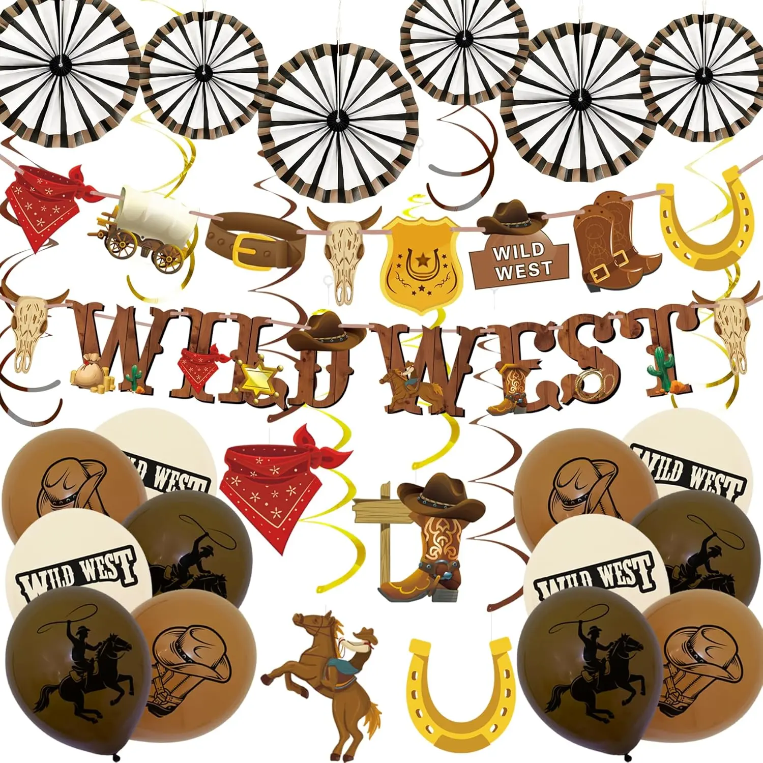 30 count  West Cowboy Party Decorations with Banners Hanging Swirls Ceiling Streamers Balloons Paper Wheel Decorations for Birthday  Shower Western Theme Party Decor