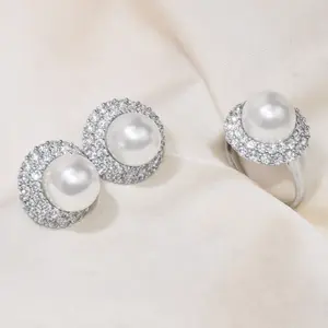 14mmwhite earring shellpearlDiana-Inspired Pearl Halo Ring & Stud Earrings Set | Cubic Zirconia Statement Jewelry for Parties, Weddings & Gifts