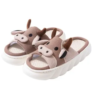 Men and women cute casual cow slippers cartoon animal shape slippers, women four seasons family linen slippers, couple slippers at home outdoor student slippers Walking Shoes Footwear