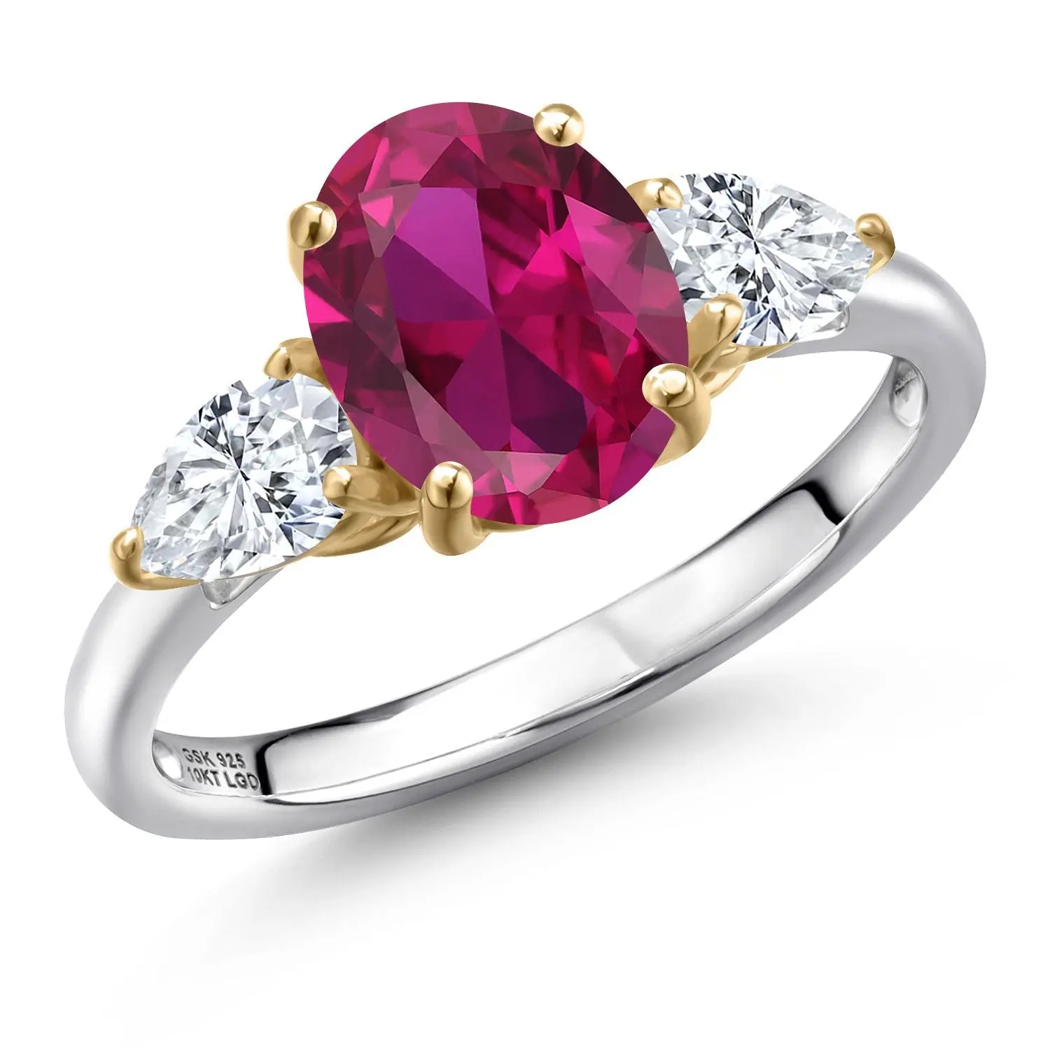 Gem Stone King Women's 925 Silver & 10 Karat Yellow Gold 3-Stone Anniversary Engagement Ring - 2.70 Cttw Oval 9X7MM Red Created Ruby, Synthetic Diamond Bridal Statement Elegant Ring for Valentine's Day