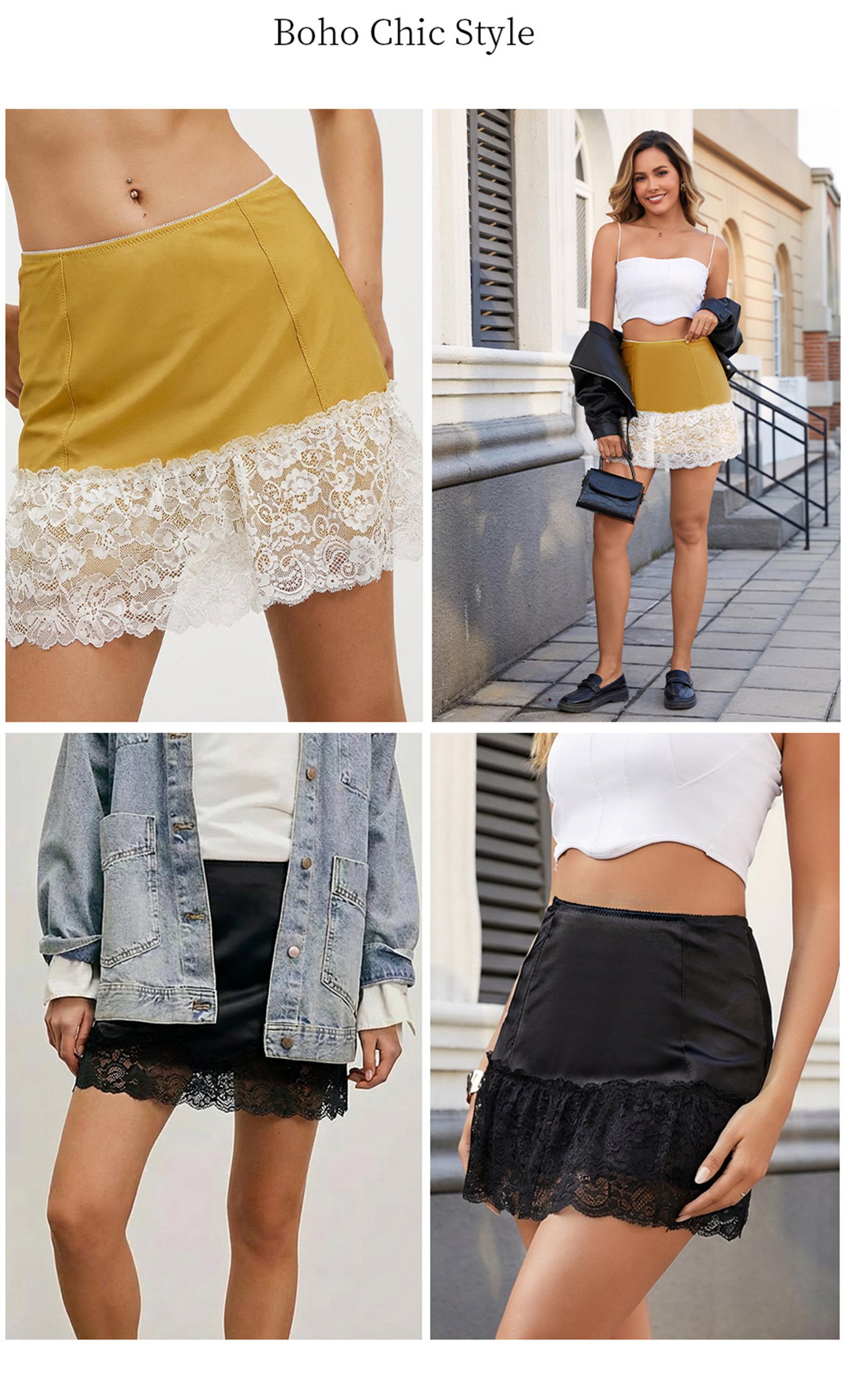 Florboom Women's Satin Mini Skirt – Elastic Waist & Lace Trim, Floral Lace Detail for Casual, Streetwear, Vacation, Festival & Party Wear