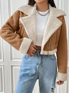 Women's Mocha Brown Colorblock Faux Shearling Biker Jacket with Lapel Collar Zip-Up Cropped Coat for Warm Winter Casual Outerwear