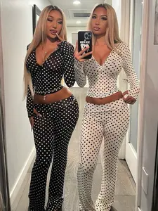 Women's Top & Pants Two-piece Set, Polka Dots Print Zipper Up Extra Long Sleeve Hooded Sweatshirt Top & Flare Leg Long Pants Sets, Casual Sleeves Coat Crop Top With Bottoms Suit, Ladies Spring Fall Winter Trendy Casual Matching Set, Co Ord Sets