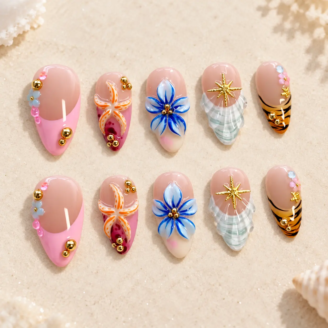 Pink Nude Blue Coastal Handmade Press On Nails, 3D Starfish Seashell Flower Gold Bead Nail Art, Tropical Beach Almond Fake Nails for Women, Ocean Summer Vacation Statement Nail Set