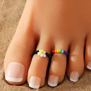 New style footwork Boho Beach Foot Ring Rainbow color Rice beads small flower foot ring set for women