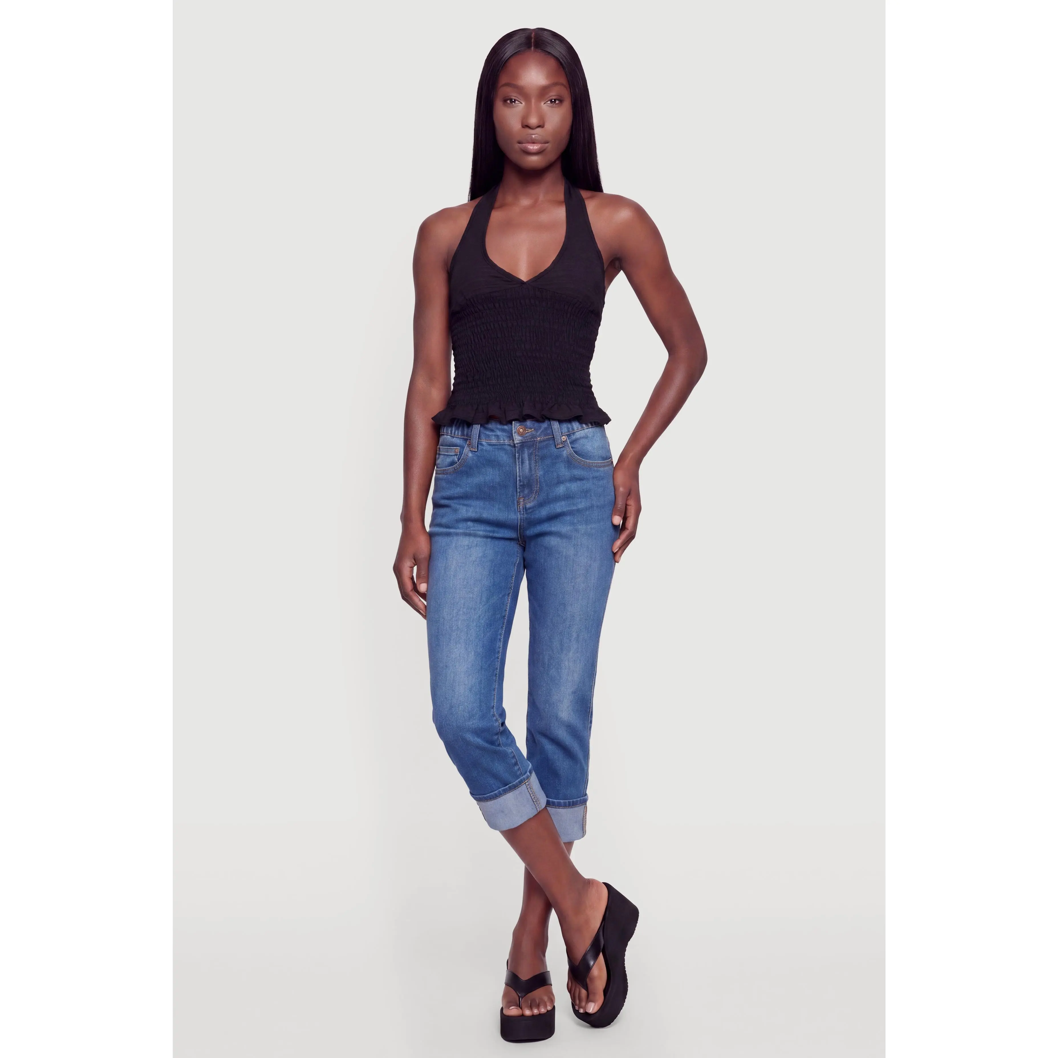 Smocked Waist Tie Back Keyhole Detail Halter Top
