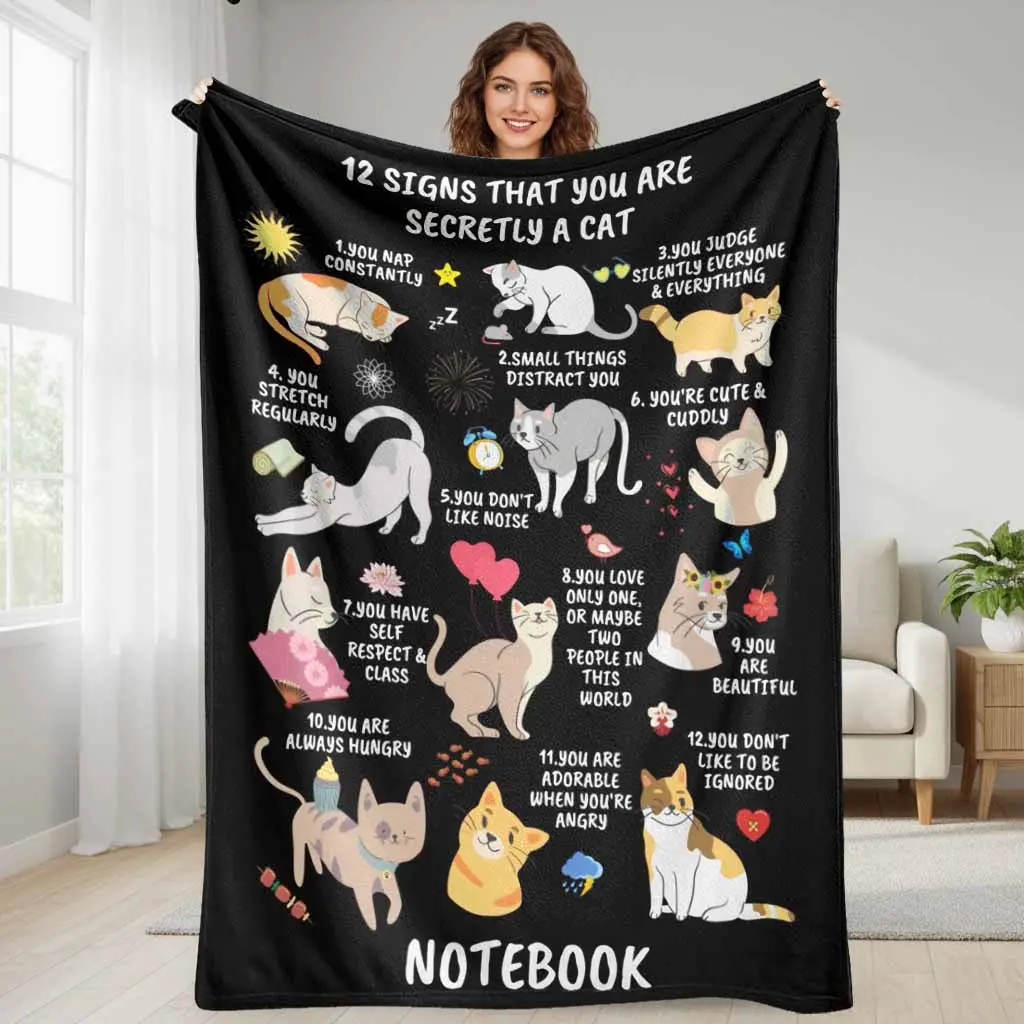 Secretly A Cat Flannel Throw Blanket, Cute Cat Illustration Print, Wrinkle-Resistant, Breathable, Durable, Soft, Warm, Lightweight, Fuzzy, Machine-Washable, Travel-Friendly, for Sofa Bedroom Use, Gift for Pet Lovers, Home Decor
