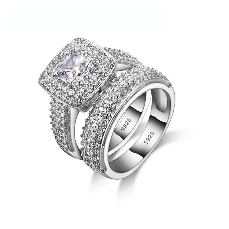 2psc 925 Sterling Silver Color Engagement Ring Romantic Fashion Jewelry Cubic Zircon Bezel Set Decoration for Women Girls Wholesale