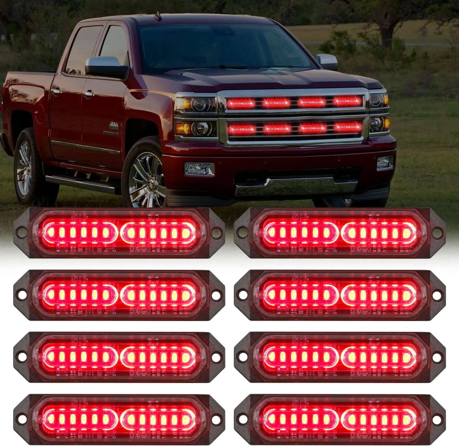 Nilight 8PCS 12-LED Red Strobe Light Kit, 12V-24V Surface-Mount Ultra-Thin High-Brightness LED Work Lights with Sync Feature for Cars, Trucks, Car Strip Light