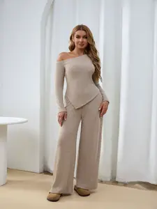 USBoutique Chic Sherpa Set for Women Asymmetric Shoulder Top & High Waist Wide Leg Pants Soft Winter Outfit Beige Color Womenswear Clothes Suits Trouser