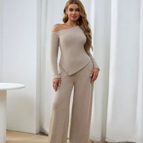 USBoutique Chic Sherpa Set for Women Asymmetric Shoulder Top & High Waist Wide Leg Pants Soft Winter Outfit Beige Color Womenswear Clothes Suits Trouser