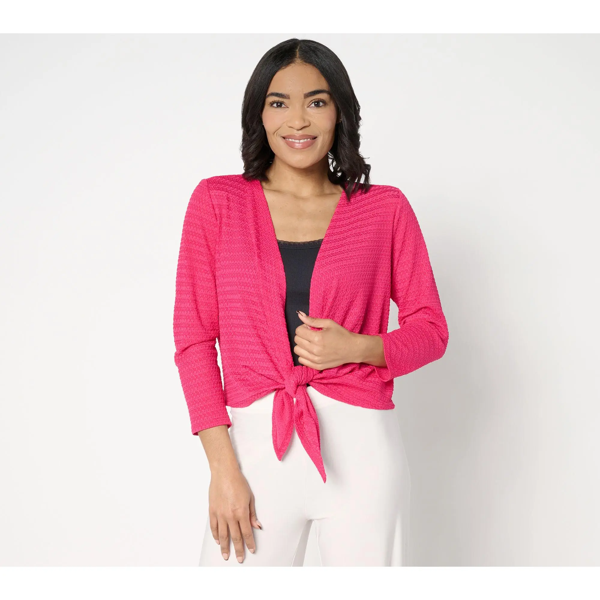 Susan Graver Textured Knit Tie-Front 3/4-Sleeve Shrug
