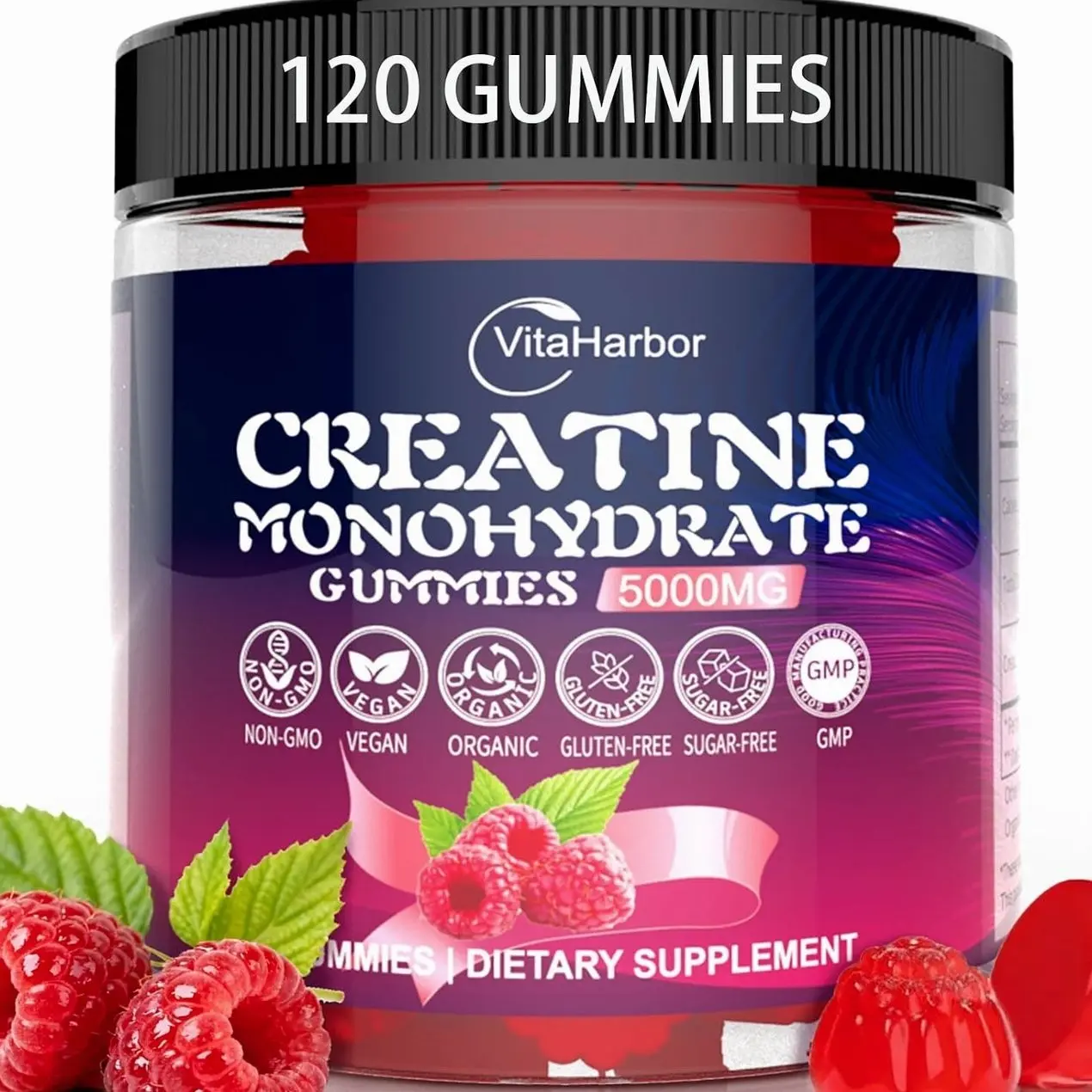 Creatine Monohydrate Gummies 5000mg for Men & Women, Organic Pure Creatine Gummies | Sugar Free,Vegan, Non-GMO,Raspberry Flavor, 120 Count