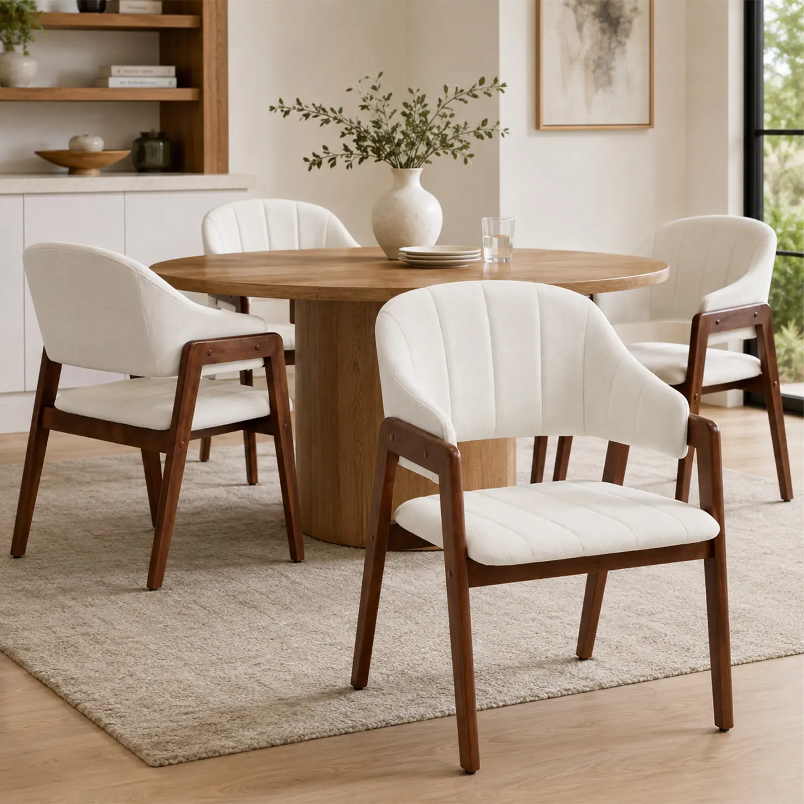 Solid Wood Frame Upholstered Dining Armchairs, Skin-Friendly Linen Fabric, Curved Enveloping Backrest, Integrated Armrests, 300 LBS Weight Capacity, Ergonomic Chairs for Kitchen, Dining Room, Set of 2/4