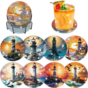 8 Piece Diamond Painting Coaster Set with Lighthouse Pattern and Stand, DIY Art Craft Kit for Beginners, Unique Gift for Home Decor, Birthday