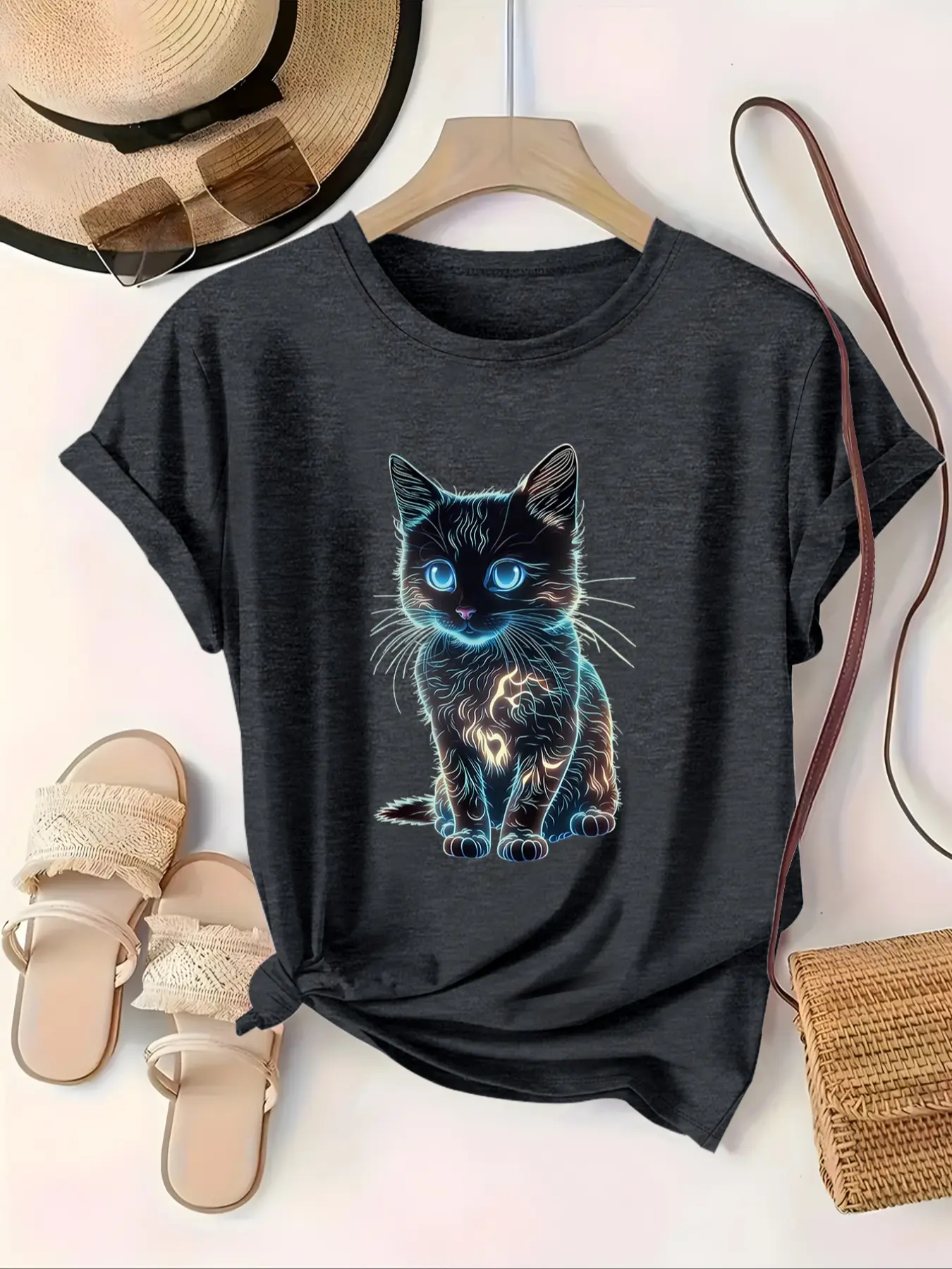 Plus size loose women's cool lightning cat printed T-shirt, Round Neck, Summer, fitted design, medium thickness fabric, comfortable casual streetwear top, Casual streetwear look