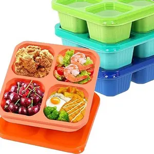 4 Pack Bento Snack Containers Set， 4 Compartment Food Storage Containers ，Wheat Straw Meal Prep Lunch Box , Plastic Food Storage container, Microwave and Dishwasher Safe (Bright color)