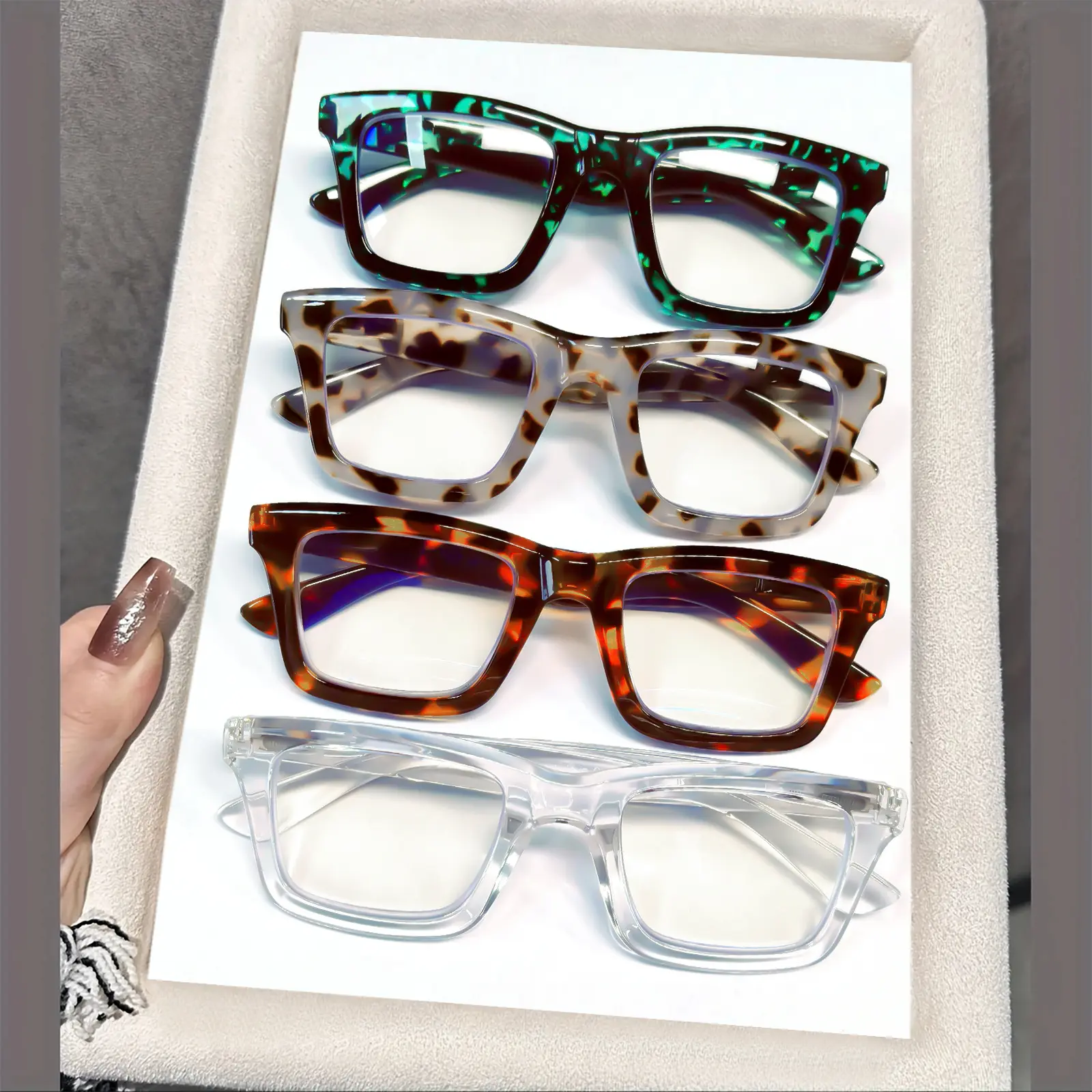 Unisex 4-Pack Progressive Multifocal Reading Glasses, Blue Light Blocking Plastic Resin Square Frames with Spring Hinges, Eye Strain Relief, Home Office Use, Gift Eyewear