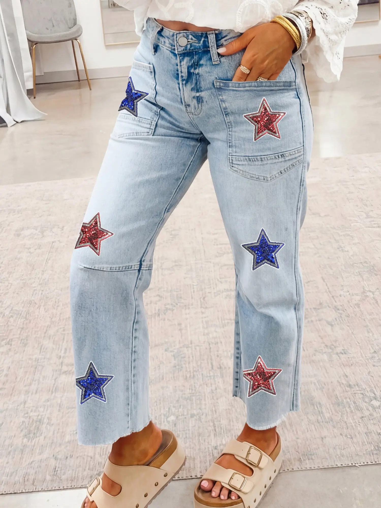 Women's Patriotic Sequin Star Jeans, High Waist Denim Pants with Patch Pockets, Stretchy Comfortable Casual Shift Jeans for Independence Day, July 4th Party, Summer Streetwear