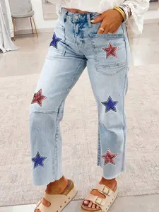 Women's Patriotic Sequin Star Jeans, High Waist Denim Pants with Patch Pockets, Stretchy Comfortable Casual Shift Jeans for Independence Day, July 4th Party, Summer Streetwear