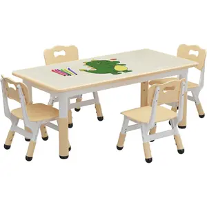 Table and Chair Set, Height Adjustable Toddler Table and 4 Chairs Set for Ages 2-10, Graffiti Desktop, Non-Slip Legs, Arts & Crafts Table, Children Activity Table for Daycare Classroom Home Dining Furniture Modern Study