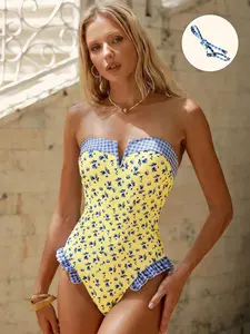 One-Piece Swimsuit Blue Colorblock Floral Striped Backless High Elastic Slimming Sexy Bandeau Bathing Suit