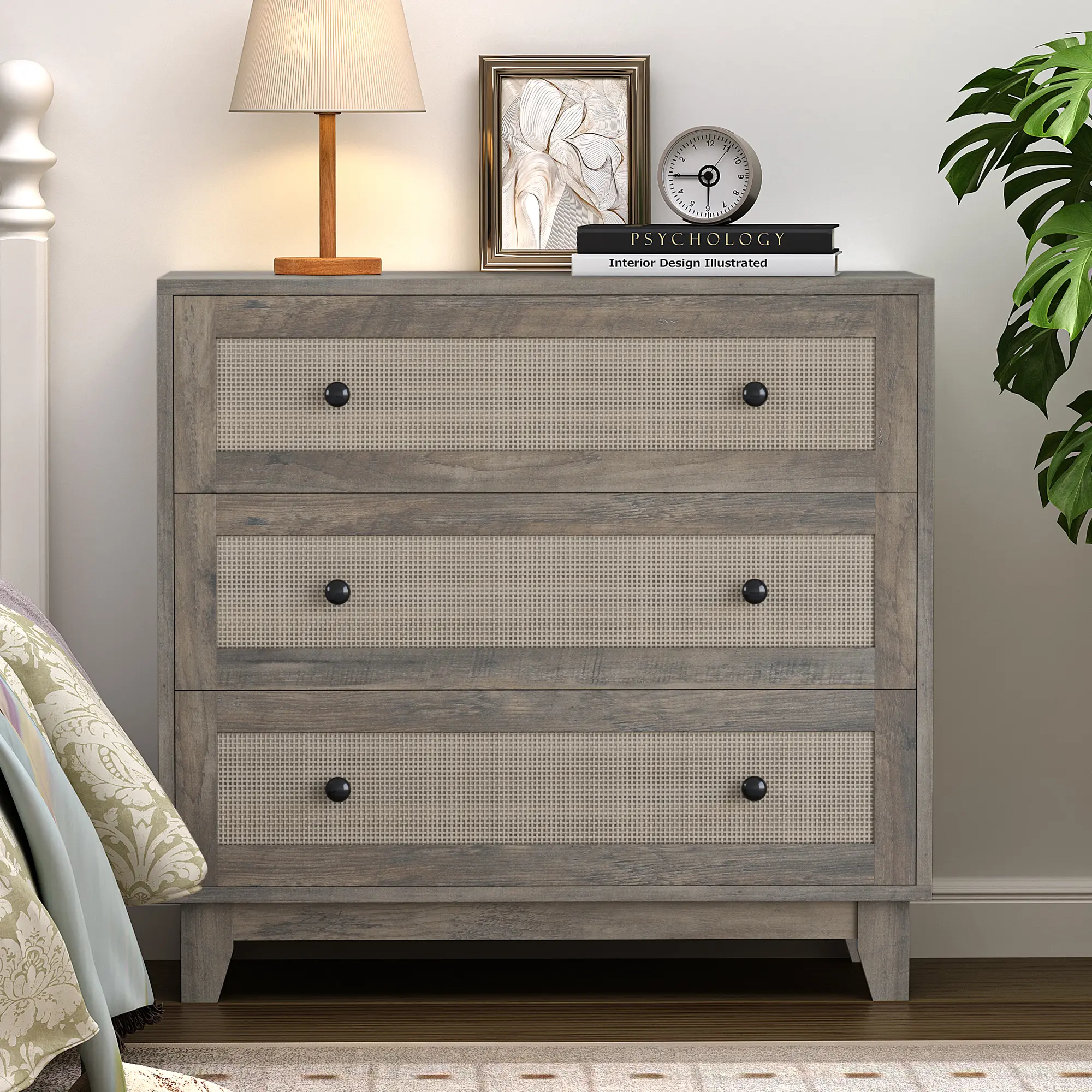 3 Drawer Dresser for Bedroom, Boho Small Natural Rattan Closet Dressers Chest of Drawers, Modern Wood Clothes Storage Organizer with Wooden Feet and Handles for Hallway, Living Room, Entryway , Multifunctional Storage Cabinet, Closet Organization