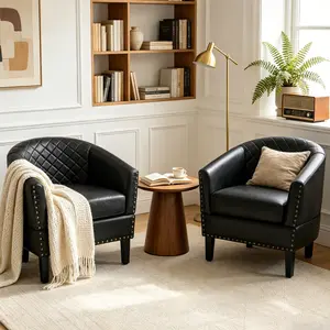 Faux Leather Barrel Accent Chair, Modern Upholstered Tub Chair with Quilted Backrest, Nailhead Trim, Thick Cushion and Solid Wood Legs, Comfy Club Chair for Living Room, Bedroom, Reading Nook, Vanity Area