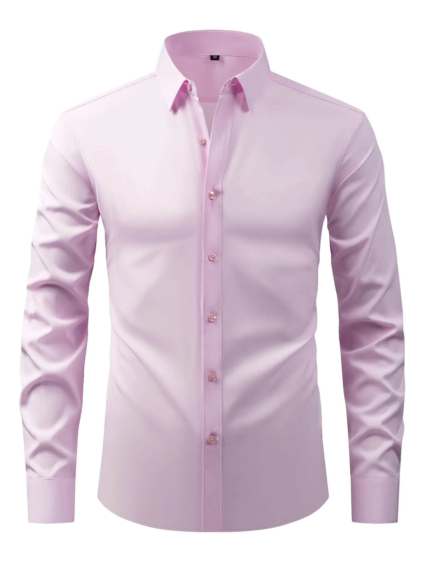 Men's Pure Color Elastic Iron-Free Business Casual Style Menswear Long Sleeve Shirt, Button Front Design, Anti-Wrinkle Soft Skin-Friendly, Minimalist Fitted Design, Spring & Fall, Top