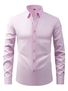 Men's Pure Color Elastic Iron-Free Business Long Sleeve Shirt, Anti-Wrinkle Soft Skin-Friendly, Minimalist Fitted Design, Spring & Fall, Top