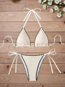 2026 New Off-White Lace-Up Bikini with Black and White Zigzag Edges, Sexy Two-Piece Swimsuit, European and American Style Hot Girl Beachwear