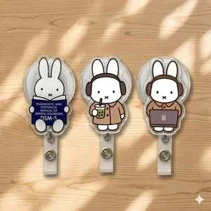 Funny Bunny Rabbit Sparkly Retractable Badge Reel Cute Boba Tea DSM-5 Laptop Acrylic ID Holder For Therapist Social Worker Teacher Gift