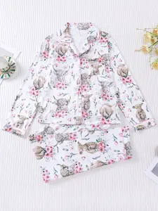 Women's Floral & Cow Print Pajama Set Nightwear, Long Sleeve Shirt Collar Button Soft Top, Loose Elastic Pants, Casual Home Wear Loungewear