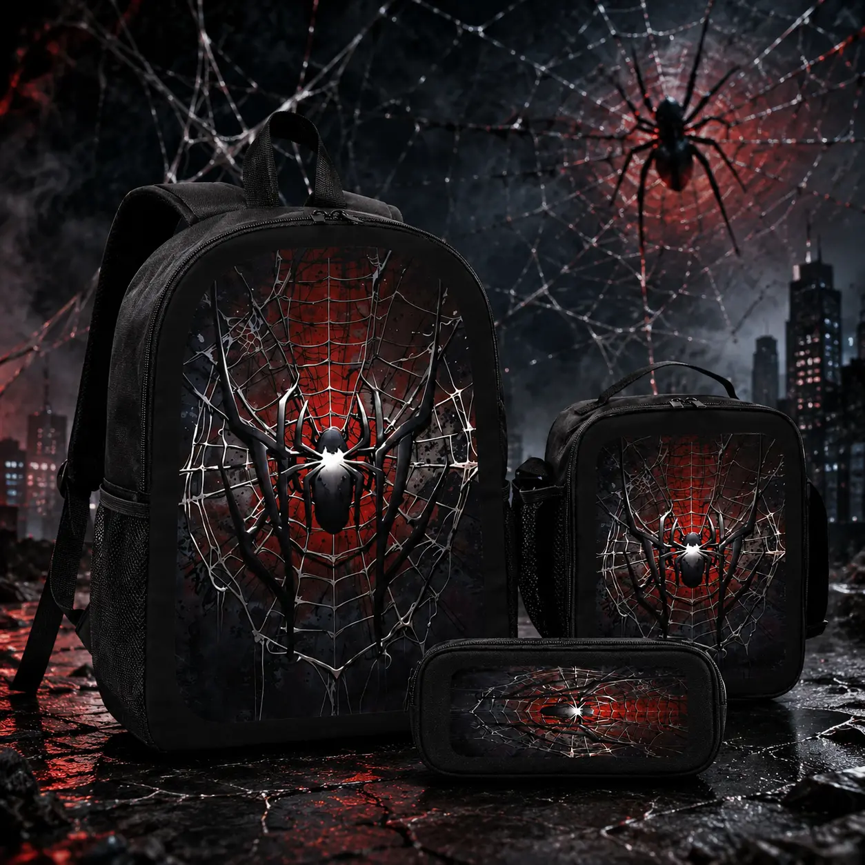 Spider Backpack 3 Piece Set for Boys Girls Kids, Cool Spider Web Superhero School Bookbag with Insulated Lunch Box and Pencil Case, Back to School Lightweight Sports Travel Daypack Bundle, Red Black