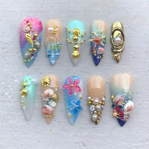A47 Mermaid Treasure Press-On Nails, 3D Seashell and Pearl Charm Design, Ocean Coral Beach Fantasy Style, Luxury Summer Nails, Gift for Her