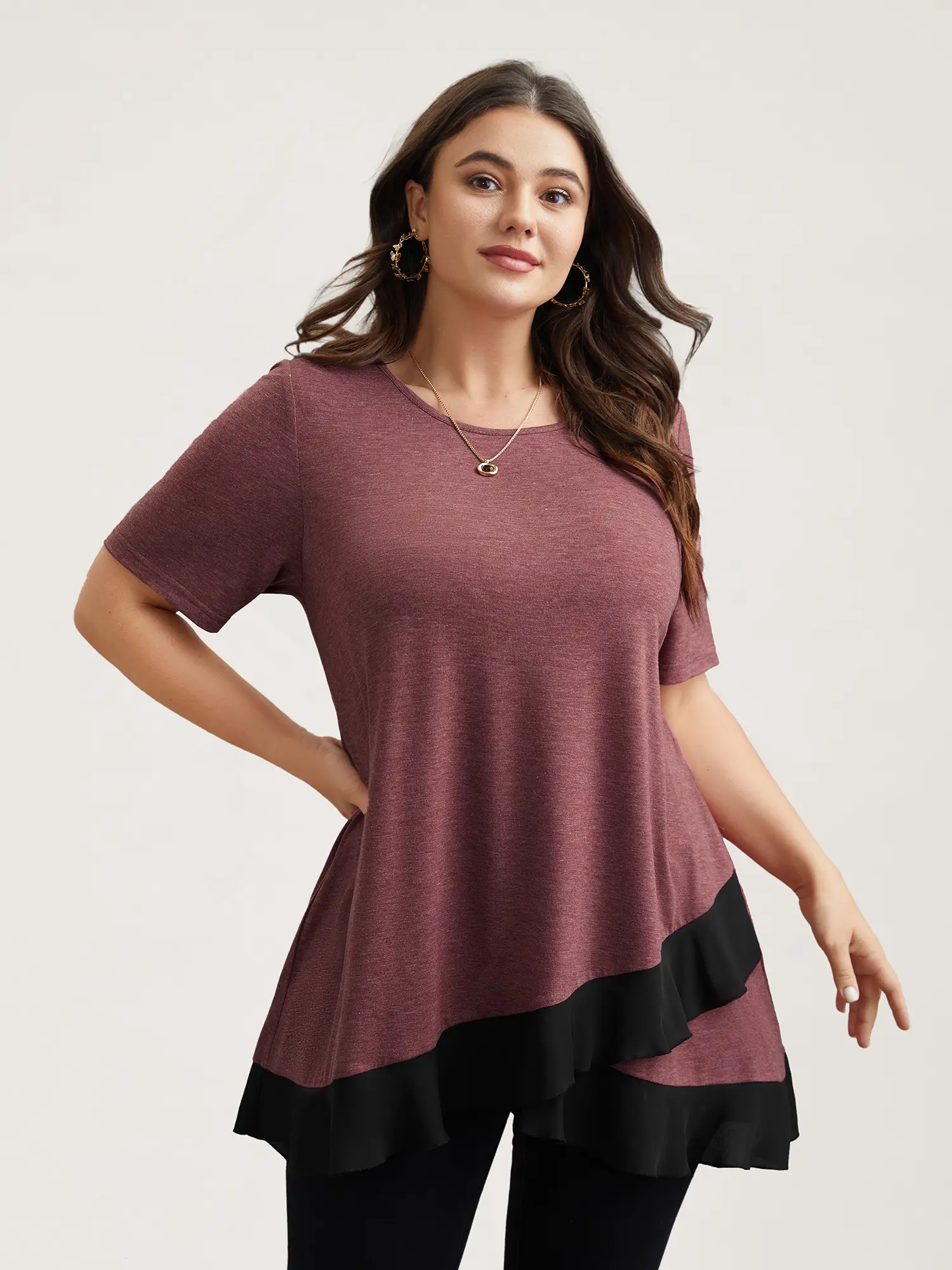 BloomChic Women's Short-Sleeve Crew Neck Tunic Blouse - Color-Contrast Overlap Hem, Flared Ruffled Top, Patchwork Spandex Fabric, Regular Fit, Russet Emerald Indigo Clothes Tops for Women, Summerfinds Fit Womenswear