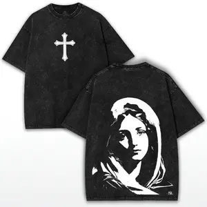 valentine shirts Virgin Mary Oversized Tee: Gothic Cross, Washed Black Streetwear