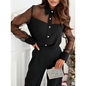 Elegant Long Sleeve Mesh Panel Blouse for Women - Chic Solid Color Button-Up Shirt with Delicate Sheer Detailing, Polyester, Black, Perfect for Spring/Summer/Fall, Ladies Blouses Top Womenswear Fabric Fitted